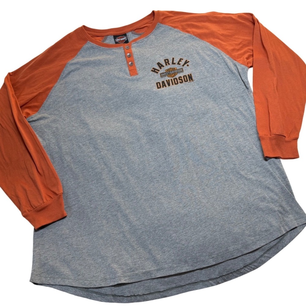 Harley Davidson 2XL Henley Shirt Mens Grey Orange Flaming‎ Gorge Raglan - Picture 2 of 8